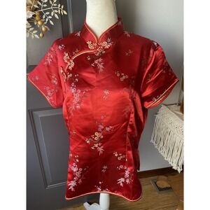 Vintage Silver Dragon Asian Print Red Satin Cheongsam Top Size XXXL